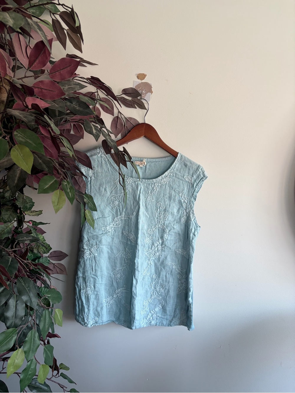 Sleeveless Light Blue Embroidered Tank Top